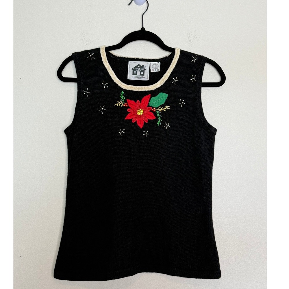 Storybook Knits Poinsettia Christmas Sweater Vest Black Beaded Embroidered XS